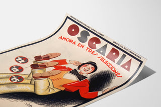 Vintage-Werbeplakat Oscaria, Schuhe, auf einem leicht gebogenen Bogen präsentiert, perspektivische Ansicht.
