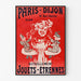 Vintage-Werbeplakat Paris–Dijon, Spielzeug und Neujahrsgeschenke, in einem schmalen Rahmen an einer hellen Wand.