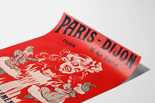 Vintage-Werbeplakat Paris–Dijon, Spielzeug und Neujahrsgeschenke, auf gebogenem Papierblatt, perspektivische Ansicht.