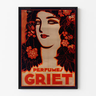 Vintage-Werbeplakat Perfumes Griet, in einem feinen Rahmen an einer hellen Wand präsentiert.