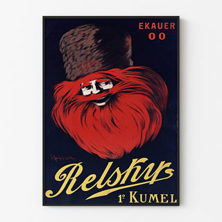 Vintage-Werbeplakat Relskyr - 1° Kumel, in einem schmalen Rahmen an einer hellen Wand präsentiert.