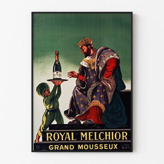 Vintage-Werbeplakat Royal Melchior, grand mousseux, in einem schmalen Rahmen an einer hellen Wand präsentiert.