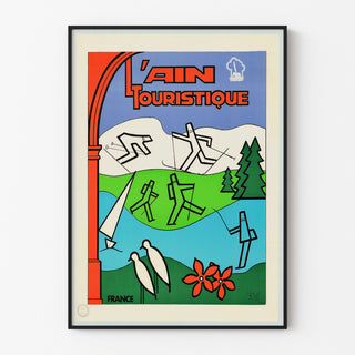 Vintage-Reiseplakat – L’Ain touristique, in einem schmalen Rahmen an einer hellen Wand.