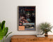 Vintage-Reiseplakat – Pougues-les-Eaux, PLM, gerahmt über einer Holzkommode zwischen Pflanzen.