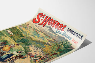 Vintage-Reiseplakat – Saint-Honoré-les-Bains, Thermalquellen, auf einer gebogenen Papierseite liegend, perspektivisch dargestellt.