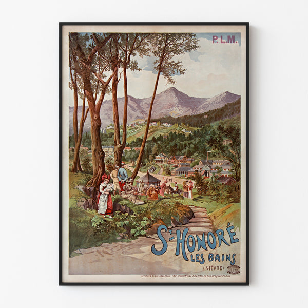 Vintage-Reiseplakat – Saint-Honoré-les-Bains, Tanconville, in einem dünnen Rahmen an einer hellen Wand.