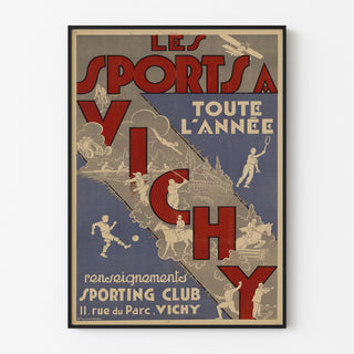 Vintage-Reiseplakat – Vichy, Sport das ganze Jahr über, in einem schmalen Rahmen an einer hellen Wand.