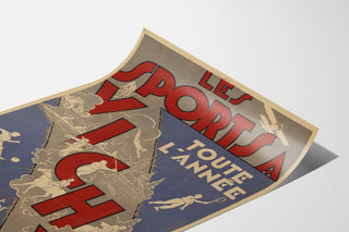 Vintage-Reiseposter – Vichy, Sport das ganze Jahr, auf einem leicht gebogenen Bogen präsentiert, perspektivische Ansicht.
