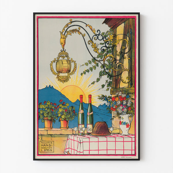 Vintage-Weinplakat – Au bon vin d’Alsace – Hansi, in einem schmalen Rahmen an einer hellen Wand.