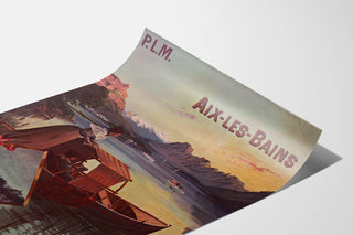 Vintage-Plakat «Aix-les-Bains, Billets collectifs PLM», auf einer gebogenen Papierseite dargestellt, perspektivische Ansicht.