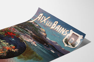 Vintage-Plakat «Aix-les-Bains, fête de nuit», auf einer gebogenen Papierseite dargestellt, perspektivische Ansicht.