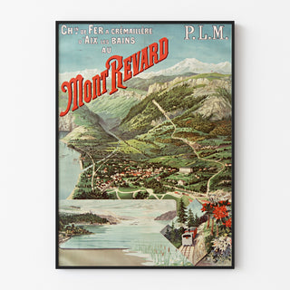 Vintage-Plakat «Aix-les-Bains, Mont-Revard, crémaillère», in einem schlanken Rahmen an einer hellen Wand präsentiert.