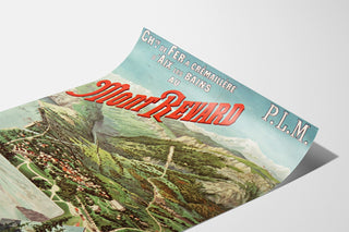 Vintage-Plakat «Aix-les-Bains, Mont-Revard, crémaillère», auf einer gebogenen Papierseite dargestellt, perspektivische Ansicht.