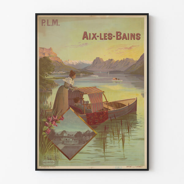 Vintage-Plakat «Aix-les-Bains, PLM», in einem schlanken Rahmen an einer hellen Wand präsentiert.