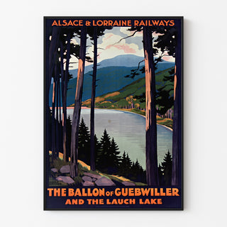 Vintage-Plakat Alsace-Lorraine, Ballon von Guebwiller, in einem schmalen Rahmen an einer hellen Wand präsentiert.