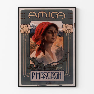 Vintage-Plakat „Amica, Oper“ in einem schlanken Rahmen an einer hellen Wand.