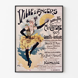 Vintage-Poster Angers, Mi-Carême, in einem schmalen Rahmen an einer hellen Wand.