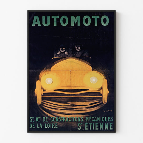 Vintage-Poster Automoto, Saint-Étienne, in einem schmalen Rahmen an einer hellen Wand.