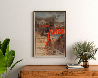 Vintage-Plakat Auvergne, Ausflüge Orléans, gerahmt über einer Holzkommode, zwischen Pflanzen.