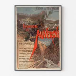 Vintage-Plakat Auvergne, Ausflüge Orléans, in einem feinen Rahmen an einer hellen Wand.