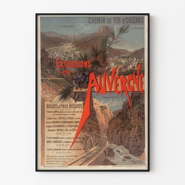 Vintage-Plakat Auvergne, Ausflüge Orléans, in einem feinen Rahmen an einer hellen Wand.
