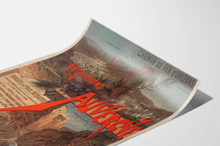 Vintage-Plakat Auvergne, Ausflüge Orléans, auf einer gebogenen Seite präsentiert, perspektivische Ansicht.