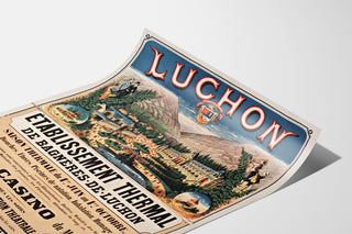 Vintage-Plakat Bagnères-de-Luchon, Kurwesen, auf leicht gebogener Fläche in perspektivischer Ansicht.