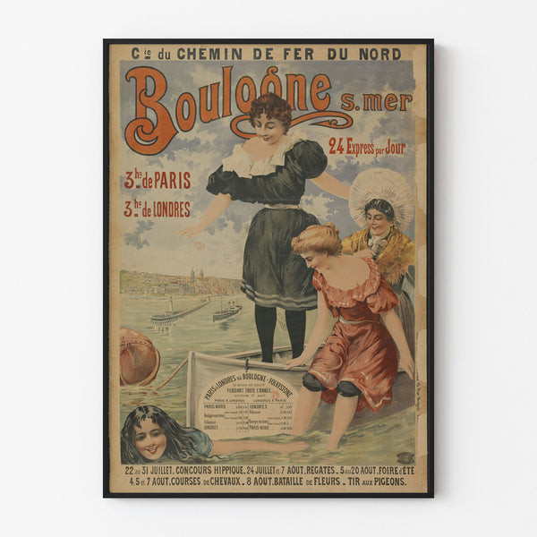 Vintage-Plakat Boulogne-sur-Mer, 24 express, in einem feinen Rahmen an einer hellen Wand.