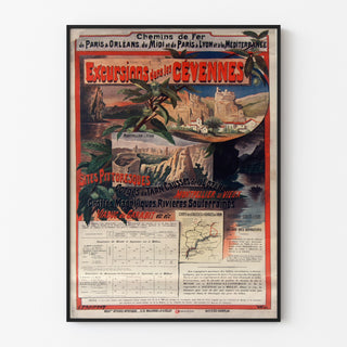 Vintage-Poster Cévennes, Bahn-Ausflüge, in einem schmalen Rahmen an einer hellen Wand.