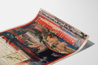 Vintage-Poster Cévennes, Bahn-Ausflüge, präsentiert auf einem gebogenen Blatt, perspektivische Ansicht.