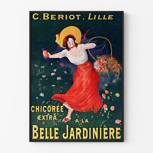 Vintage-Poster Chicorée Bériot, Lille, in einem dünnen Rahmen an einer hellen Wand.