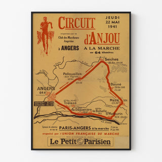 Vintage-Poster Circuit d’Anjou, Wanderung, in einem schmalen Rahmen an einer hellen Wand.