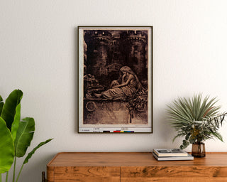 Vintage-Poster Emprunt de Verdun... 6%, eingerahmt über einer Holzkommode, zwischen Pflanzen.