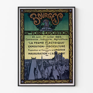 Vintage-Plakat Foire-exposition de Bourges, in einem schmalen Rahmen an einer hellen Wand.