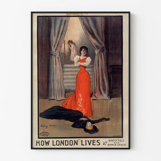 Vintage-Plakat „How London Lives, Surrey Theatre“ in einem schlanken Rahmen an einer hellen Wand.