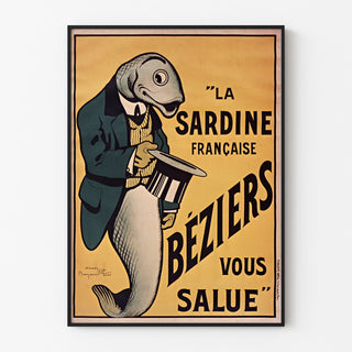 Vintage-Plakat La Sardine française, Béziers, in einem schmalen Rahmen an einer hellen Wand.