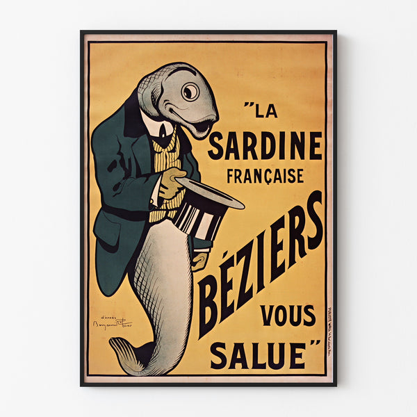 Vintage-Plakat La Sardine française, Béziers, in einem schmalen Rahmen an einer hellen Wand.