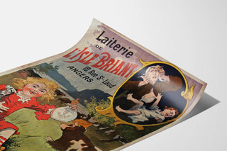 Vintage-Poster Laiterie de l’Isle Briant, Angers, präsentiert auf einem gebogenen Blatt, perspektivische Ansicht.