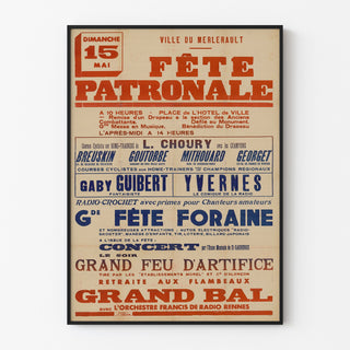 Vintage-Poster Le Merlerault, Kirmes, in einem schmalen Rahmen an heller Wand präsentiert.