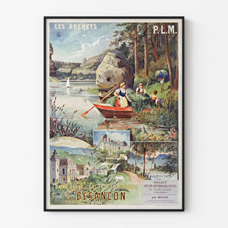 Vintage-Plakat Les Brenets — PLM, Salzbadanlagen in Besançon, in einem schmalen Rahmen an einer hellen Wand.