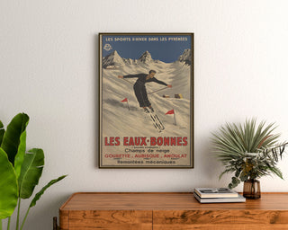 Vintage-Plakat Les Eaux-Bonnes, Wintersport, gerahmt über einer Holzkommode, zwischen Pflanzen.