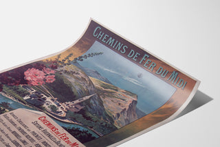 Vintage-Plakat Lourdes, Seebäder, auf einer leicht gebogenen Seite präsentiert, perspektivische Ansicht.