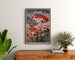 Vintage-Plakat Luchon, Casino und Kurwesen, gerahmt über einer Holzkommode, zwischen Pflanzen.