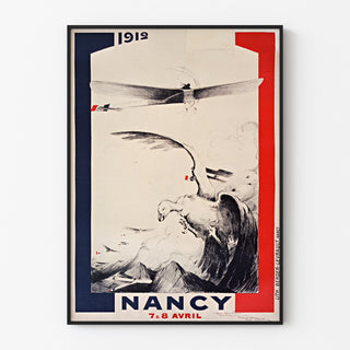 Vintage-Poster Nancy, meeting d’aviation, in einem dünnen Rahmen an einer hellen Wand.