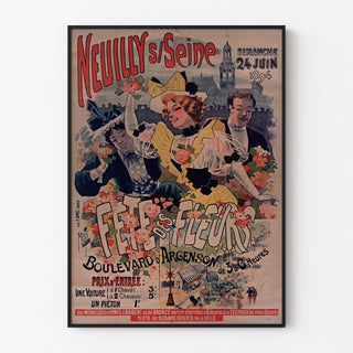 Vintage-Plakat Neuilly, Blumenfest, 1894, in einem dünnen Rahmen an einer hellen Wand.