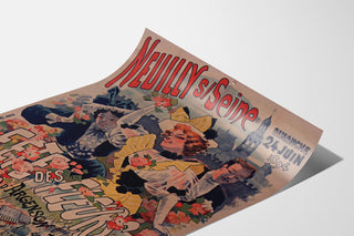 Vintage-Plakat Neuilly, Blumenfest, 1894, auf einer leicht gewölbten Papierbahn in Perspektive präsentiert.