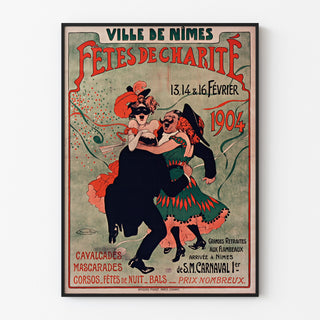 Vintage-Plakat Nîmes, Wohltätigkeitsfeste, in einem schmalen Rahmen an einer hellen Wand.