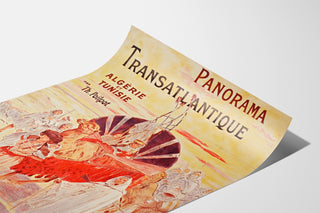 Vintage-Poster Paris 1900, transatlantisches Panorama, als leicht gewölbtes Blatt in Perspektive präsentiert.