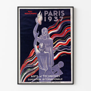 Vintage-Poster Paris 1937, Kunst und Technik, in einem schmalen Rahmen an heller Wand präsentiert.