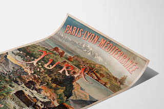 Vintage-Poster Paris Lyon Méditerranée, Jura, auf einer gebogenen Bogenfläche präsentiert, perspektivische Ansicht.